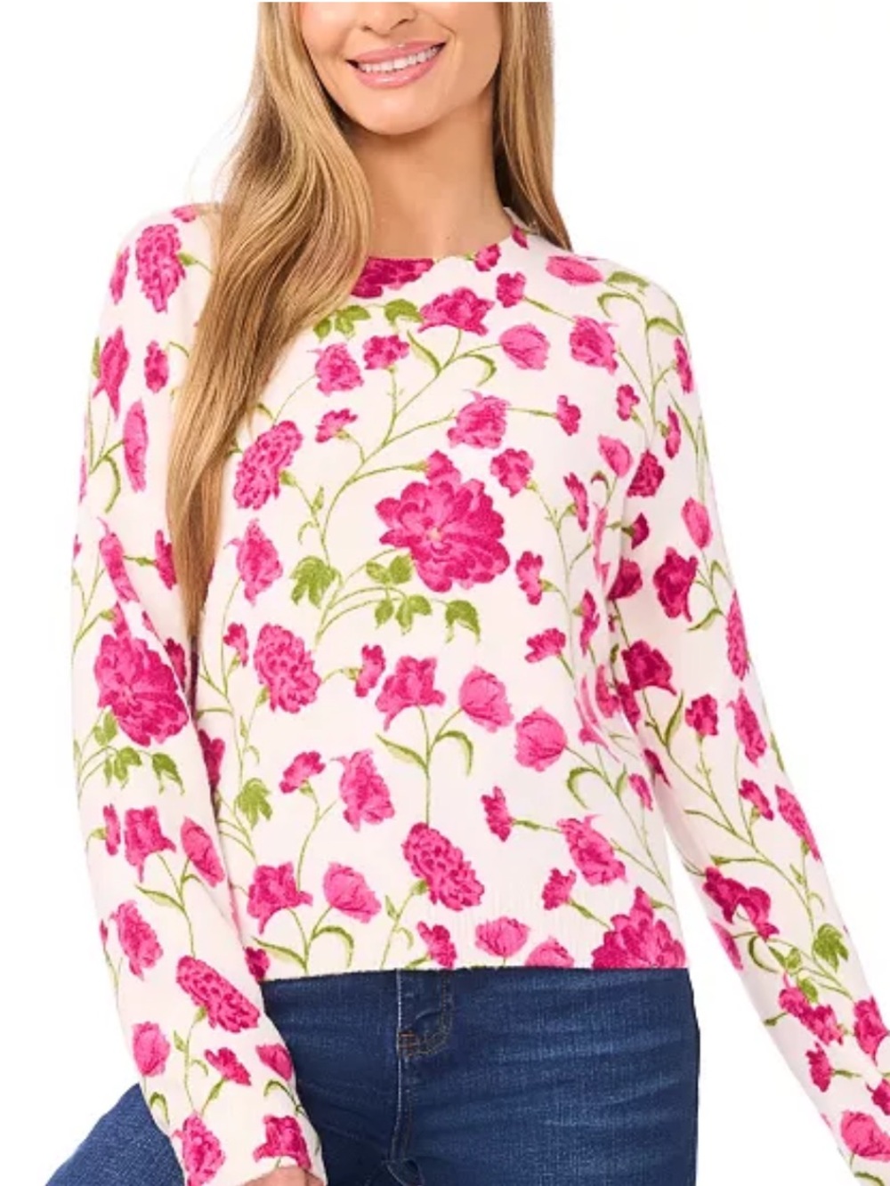CeCe Floral Crewneck Sweater . White w/Bright Pink/ Green Floral. Size M. Nice!